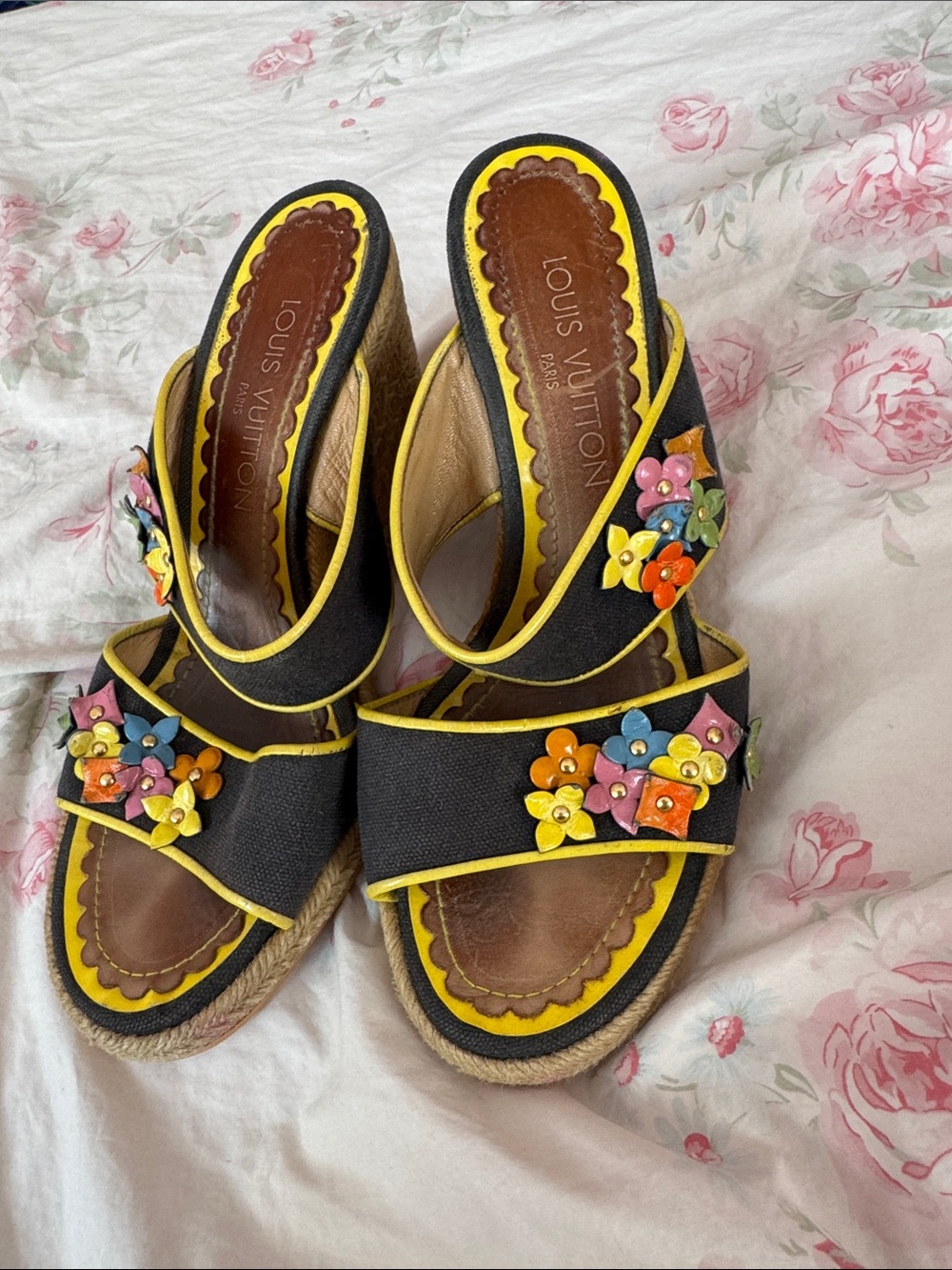 LOUIS VUITTON Flower Wedge Mules Pumps Women 8Black Multicolor. New Soles. Sz 8